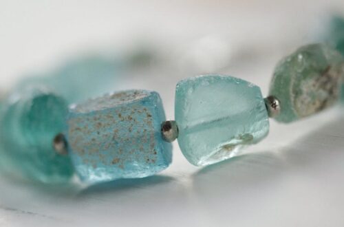 close up of blue gemstones necklace