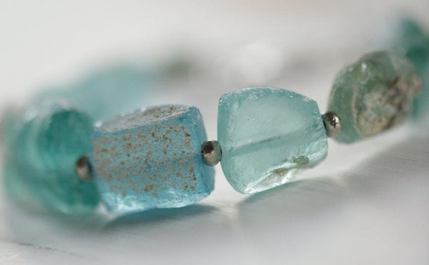 close up of blue gemstones necklace